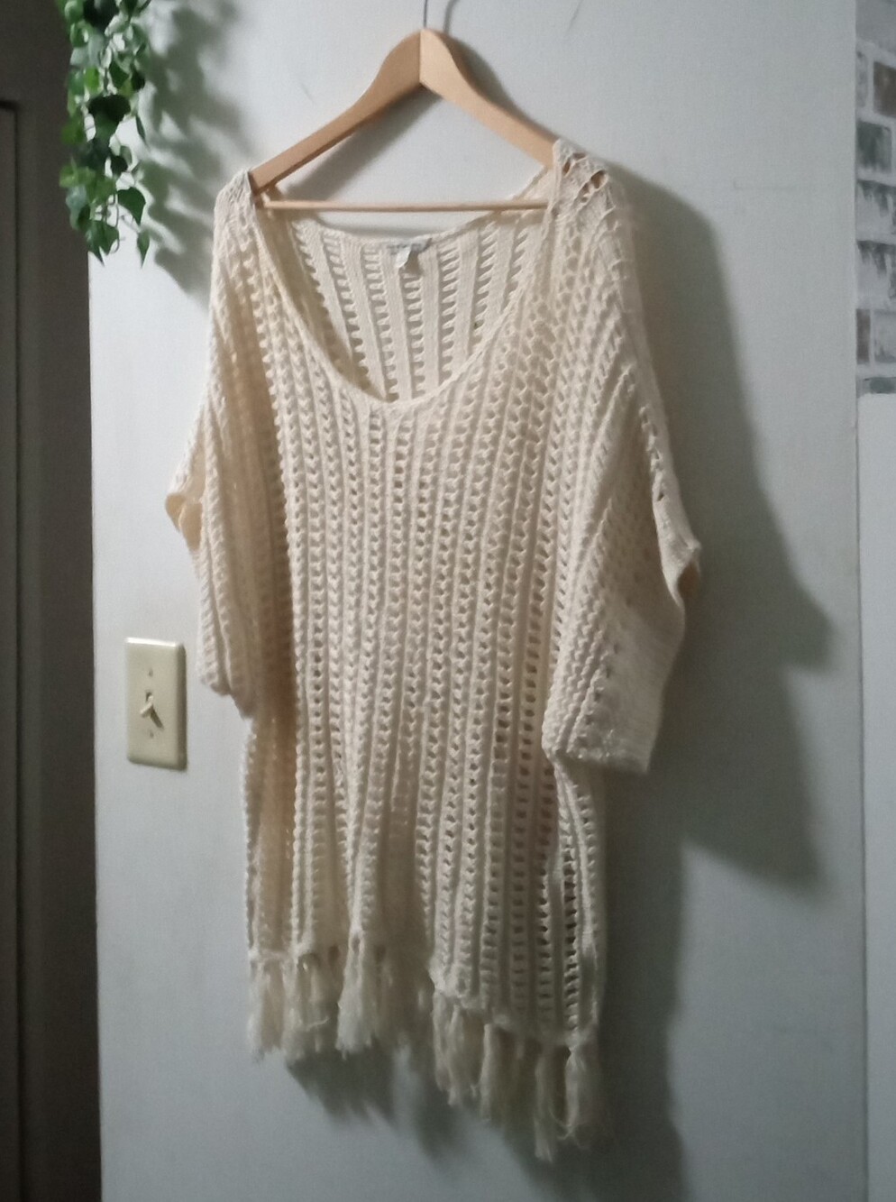 American Eagle Outfitters Cream Open-Knit Off-the-Shoulder Fringe Sweater
